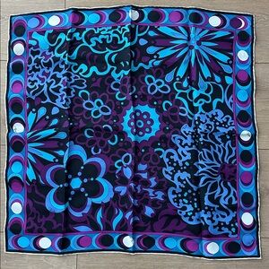 Emilio Pucci Teal Blue Purple Floral Silk Scarf